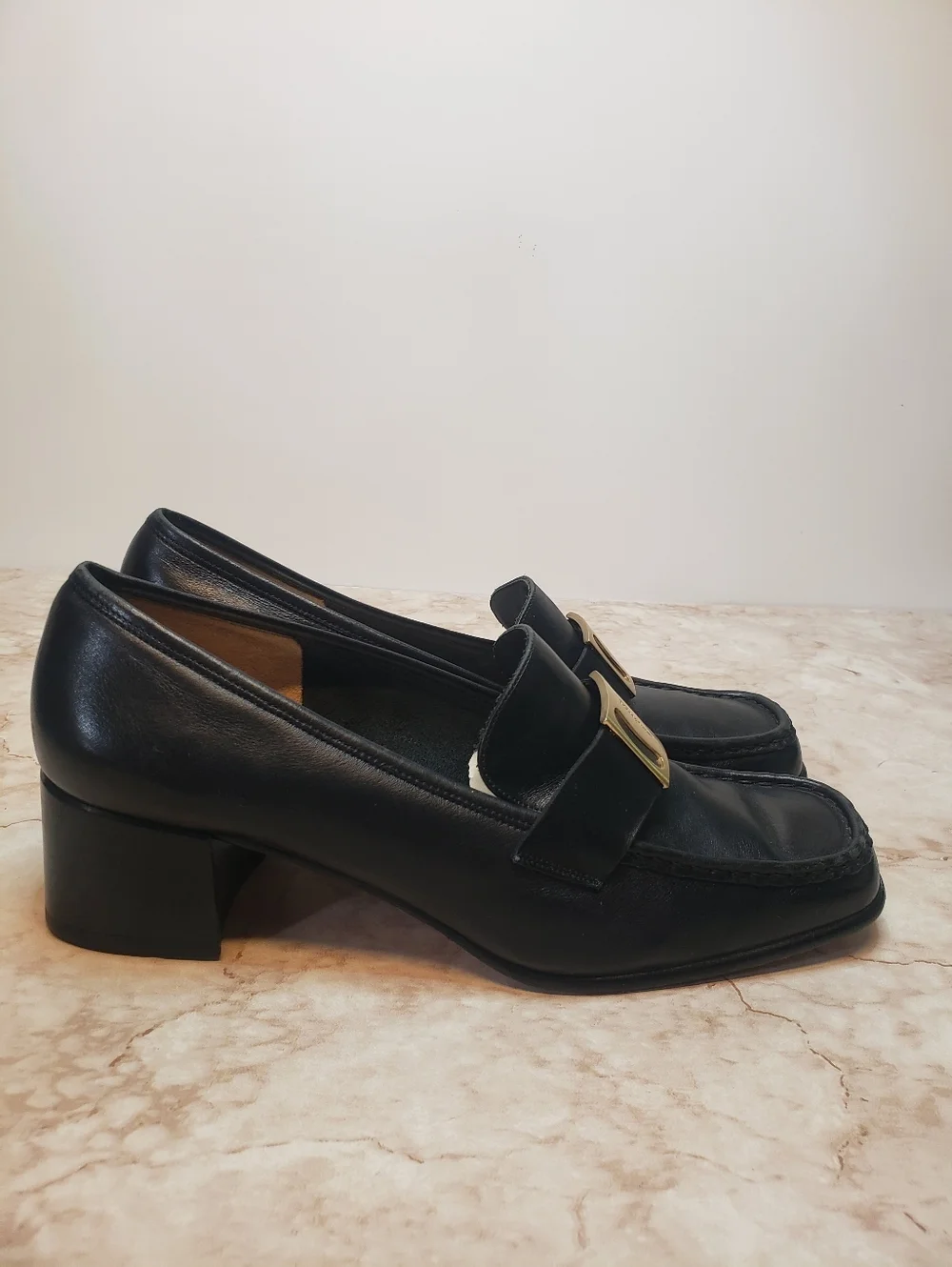Salvatore Ferragamo Black Leather Women's Heeled Loafers with Gold Buckle 38